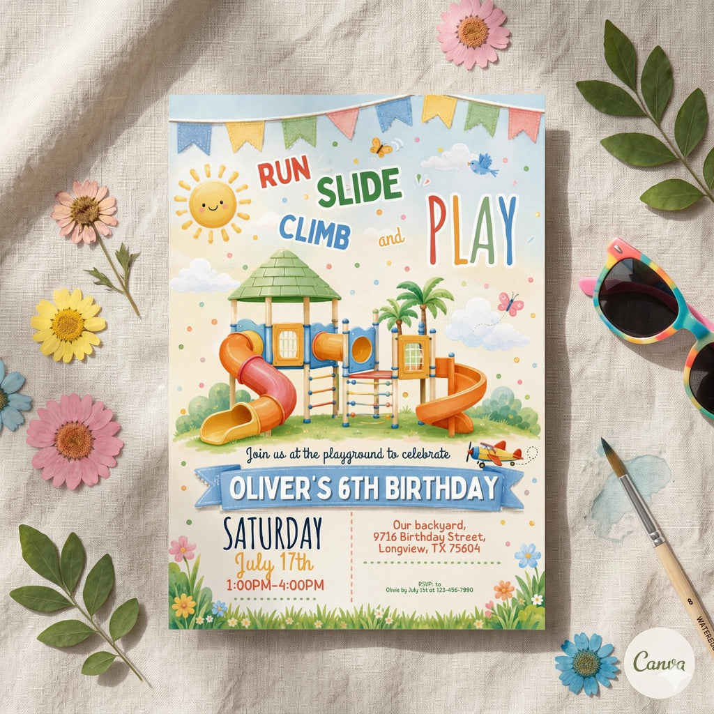 Playground Birthday Party Invitation - Outdoor Party Invite at Summer Park - Editable Edit template