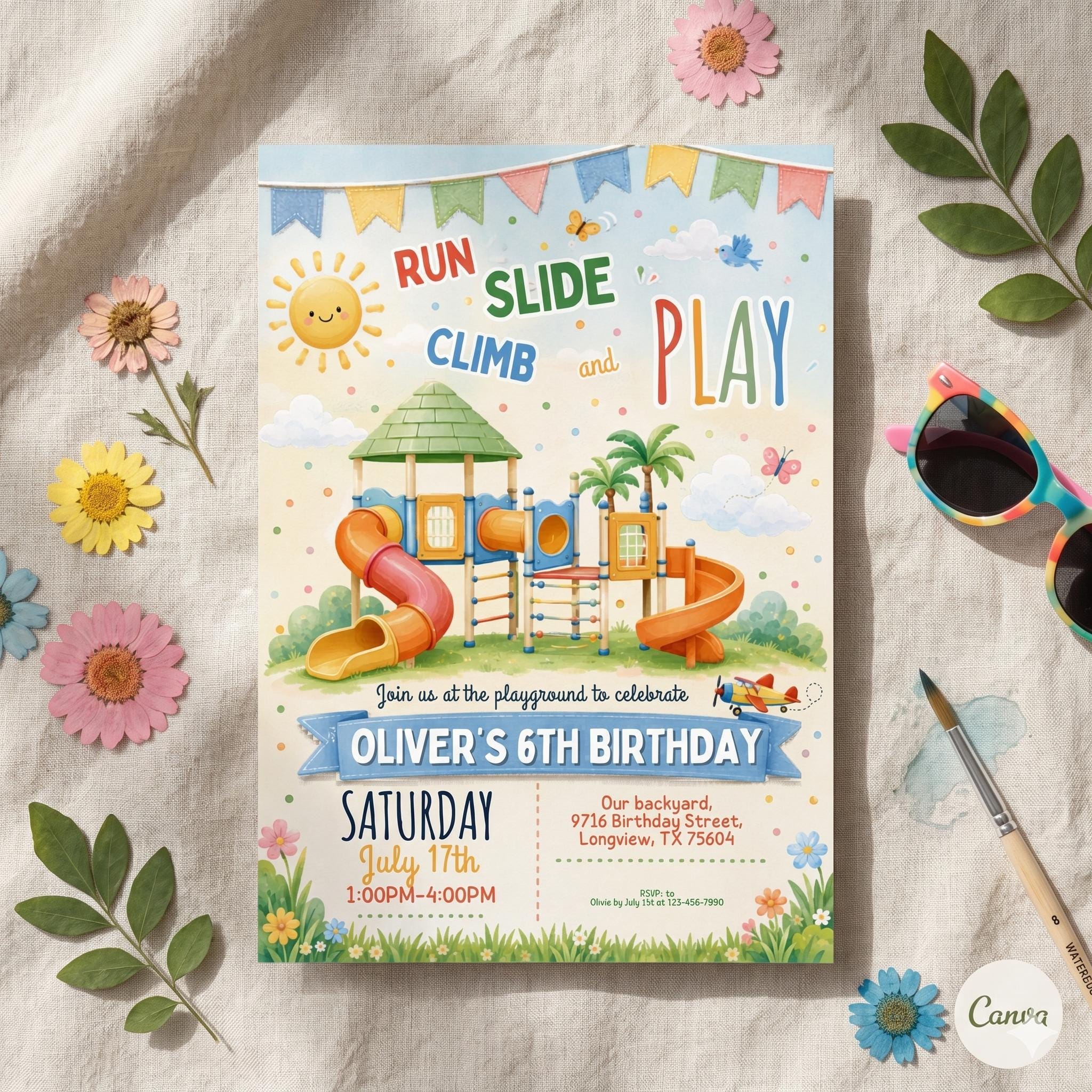 Playground Birthday Party Invitation - Outdoor Party Invite at Summer Park - Editable Edit template