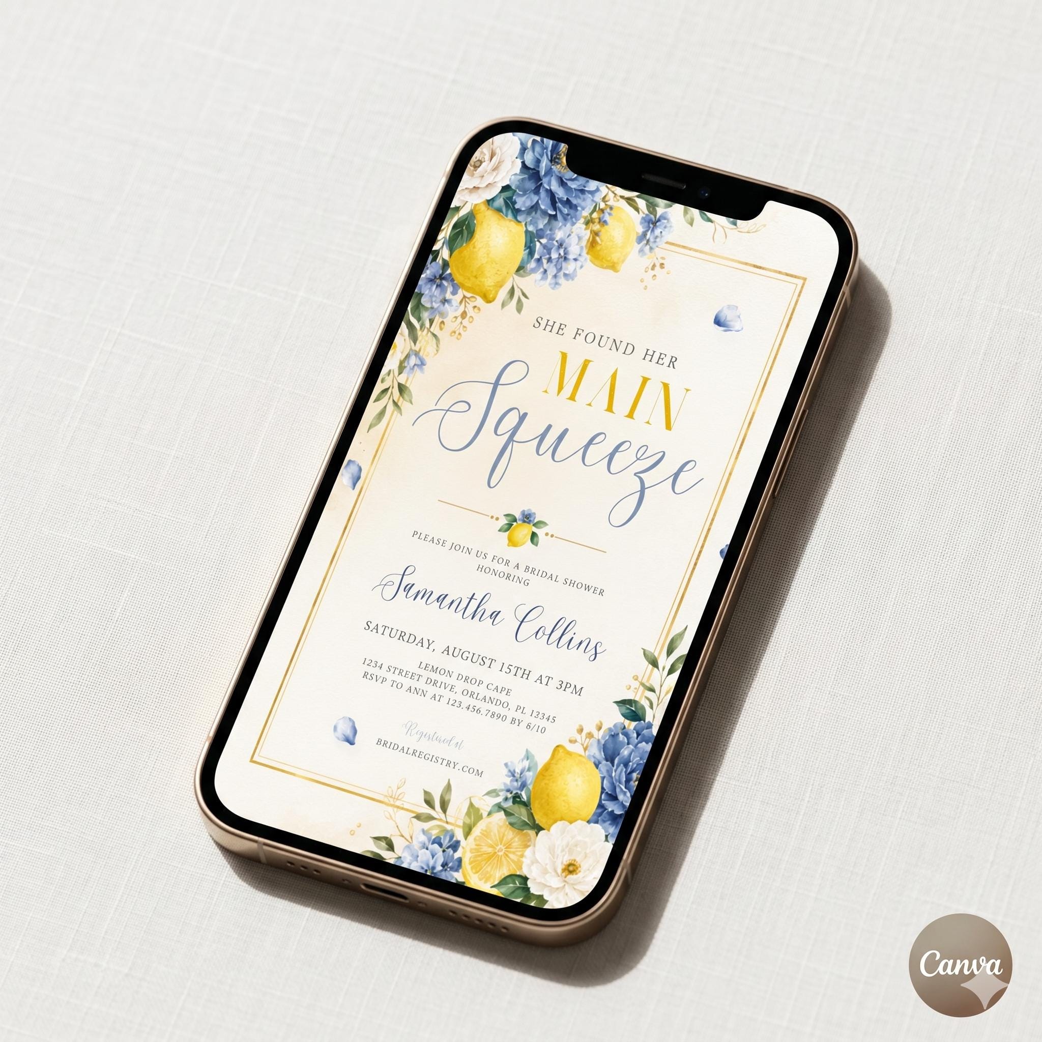 Editable Blue Lemon Bridal Shower Invitation, She Found Her Main Squeeze Invite Template, Instant Download
