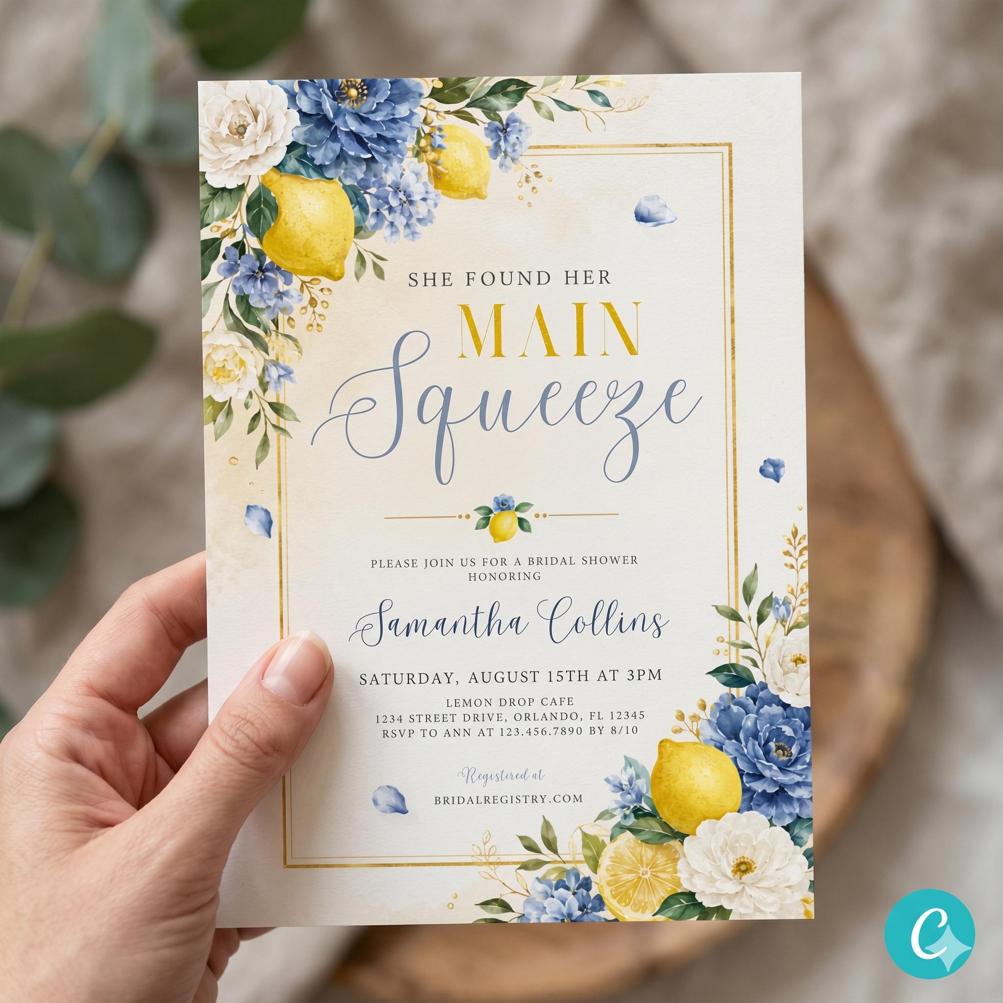 Editable Blue Lemon Bridal Shower Invitation, She Found Her Main Squeeze Invite Template, Instant Download