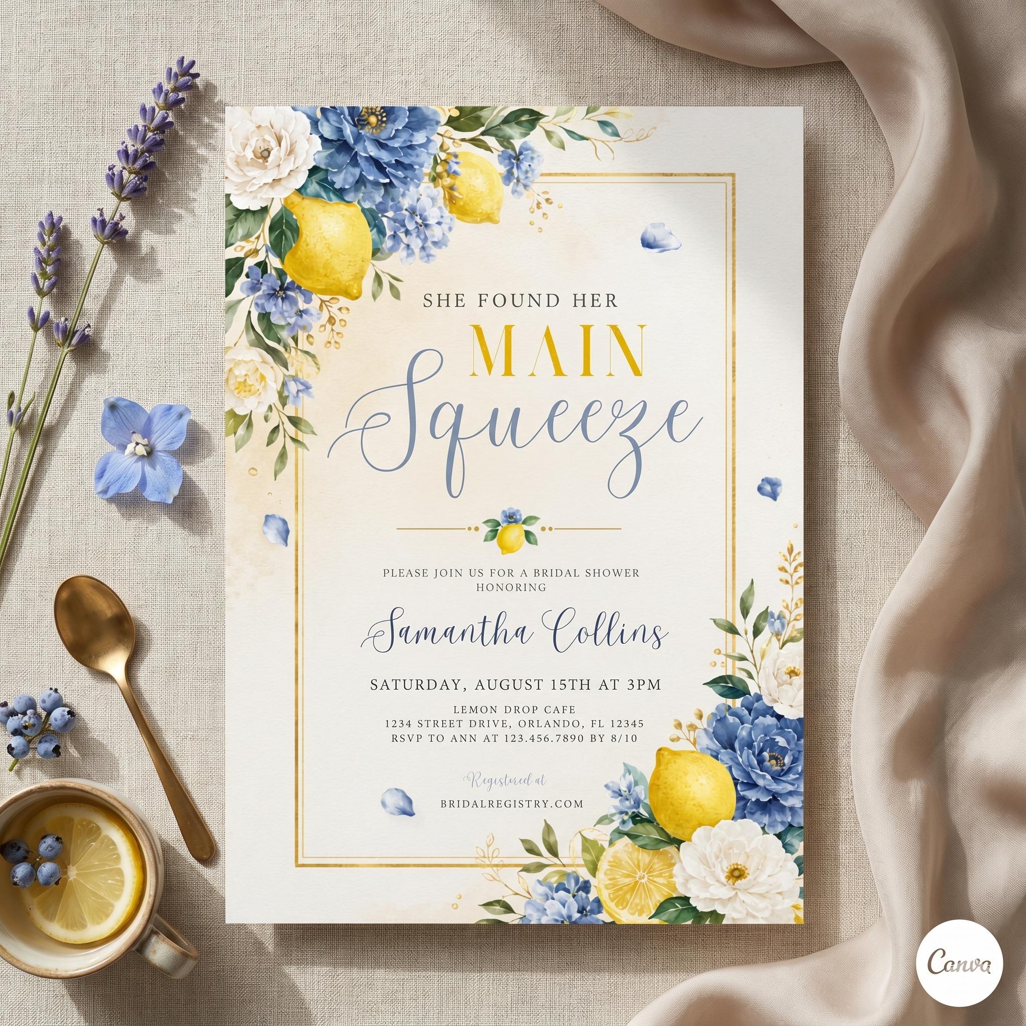 Editable Blue Lemon Bridal Shower Invitation, She Found Her Main Squeeze Invite Template, Instant Download