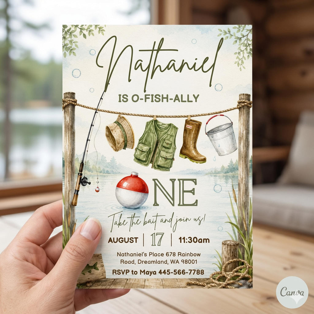 Printable fishing Birthday invitation, ofishally one Invite, big one o-fish-ally Party Template, Editable Invitation, first 1st