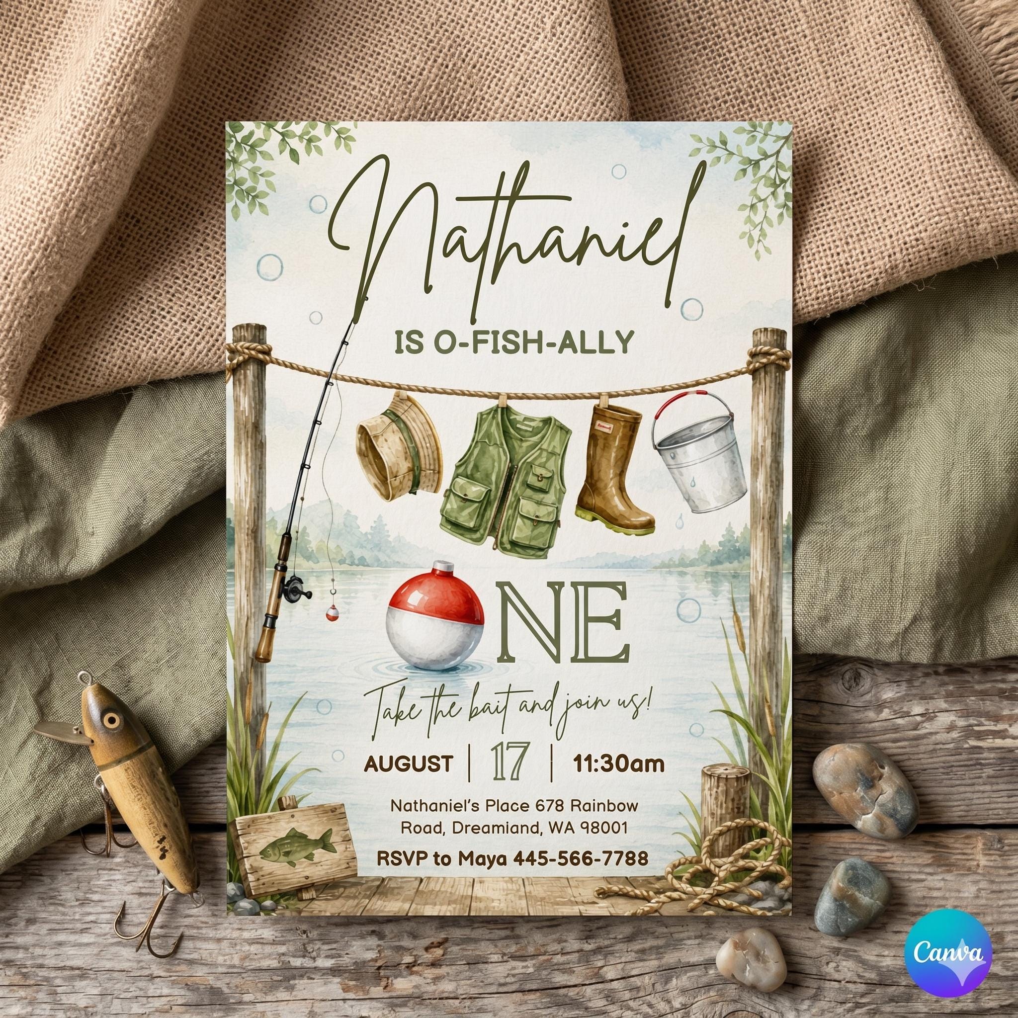 Printable fishing Birthday invitation, ofishally one Invite, big one o-fish-ally Party Template, Editable Invitation, first 1st