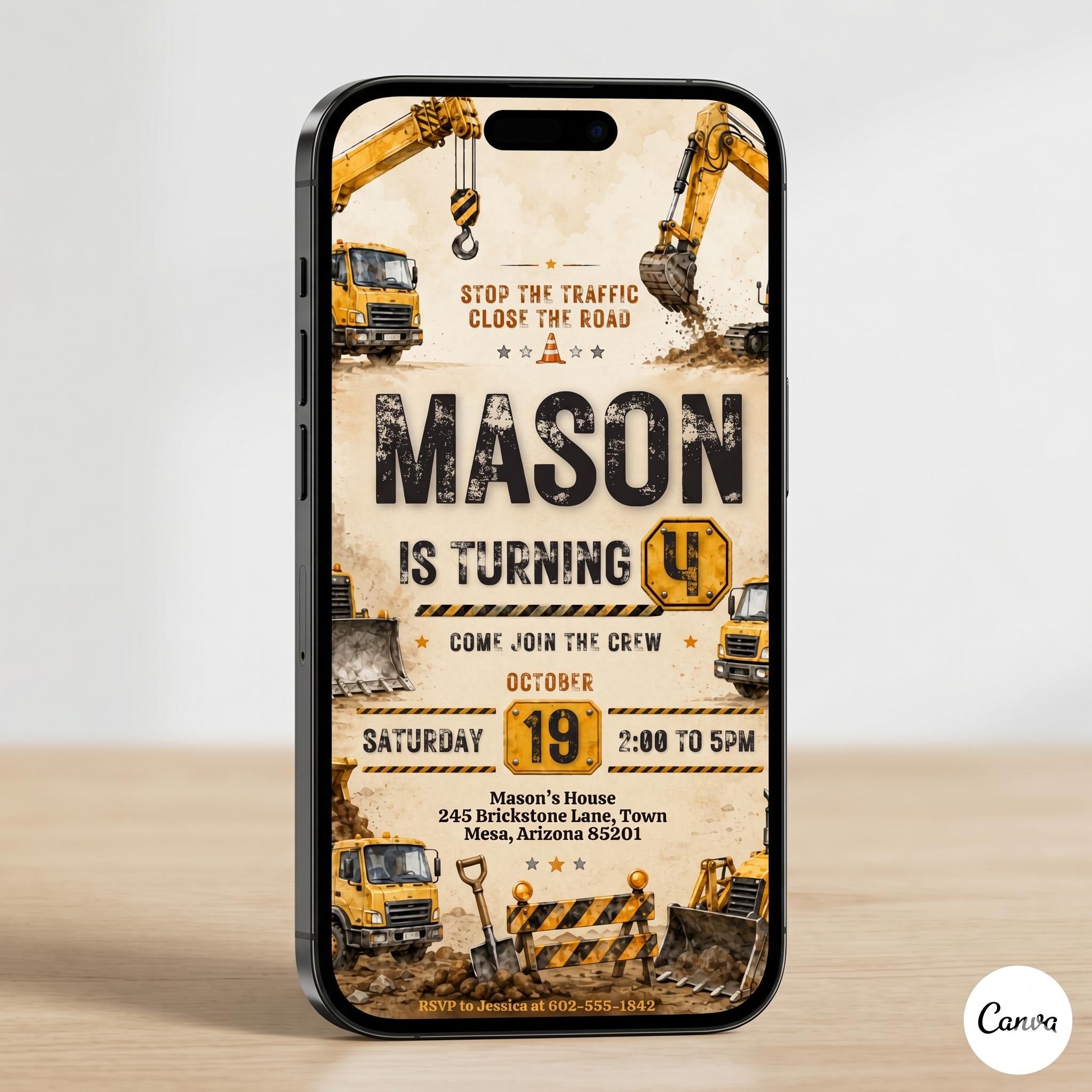 Construction Birthday Invitation: Editable Canva Template (Digital Download) , A9