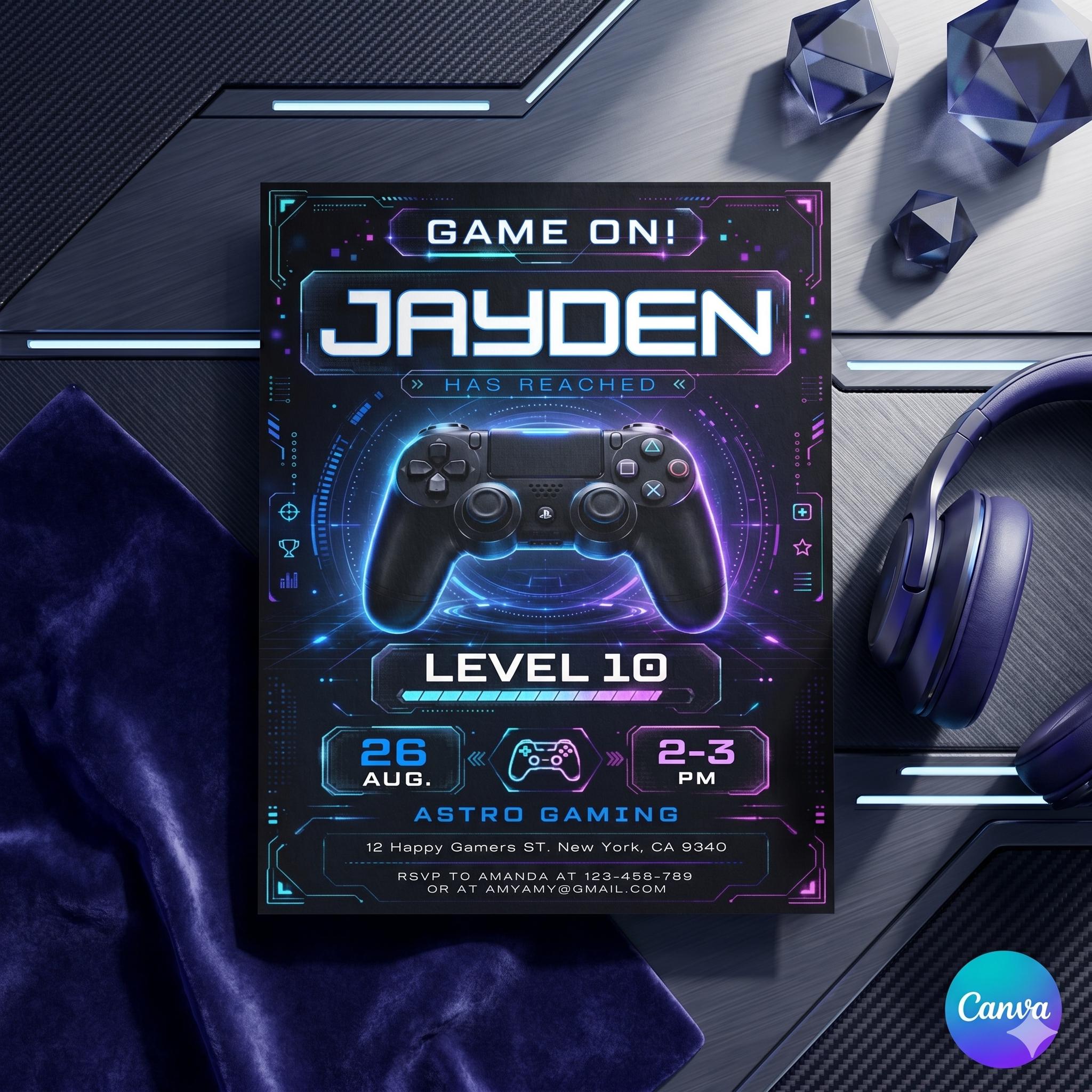 Editable Gamer Birthday invitation - Video Game Party invite - Gaming Game On - Instant download template digital