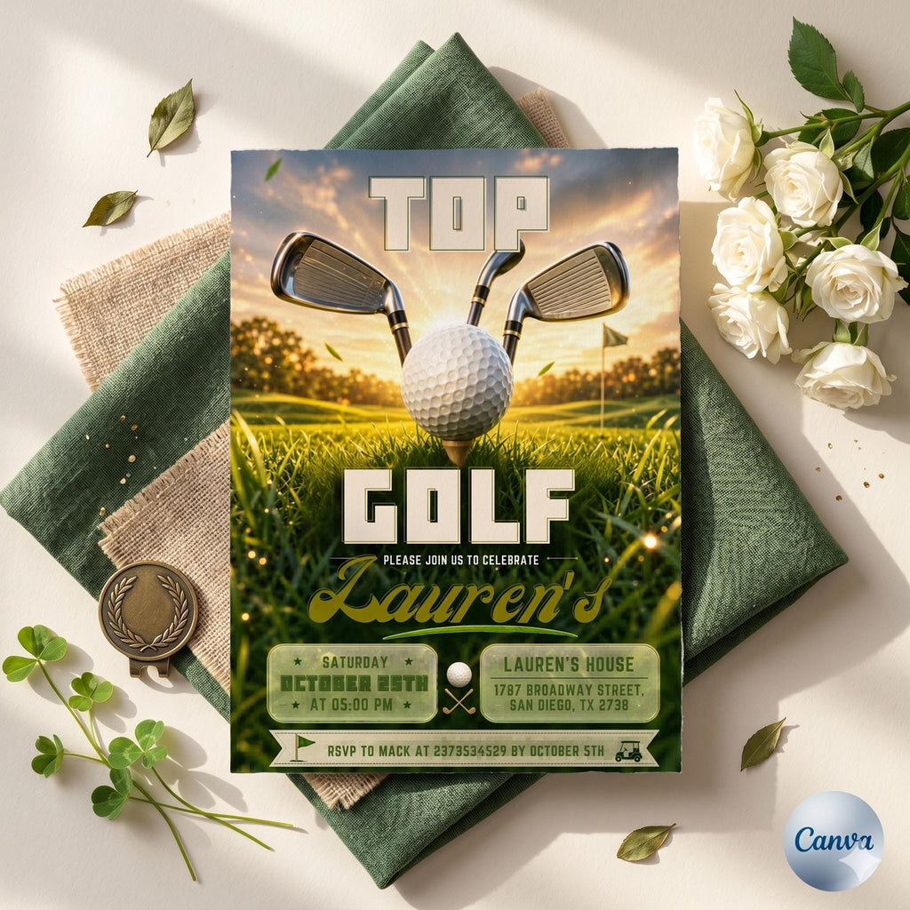 Golf Birthday Invitation, Let's Par Tee Golf Birthday Invite, Golf Birthday Party Invites, Editable 5x7 Canva Template