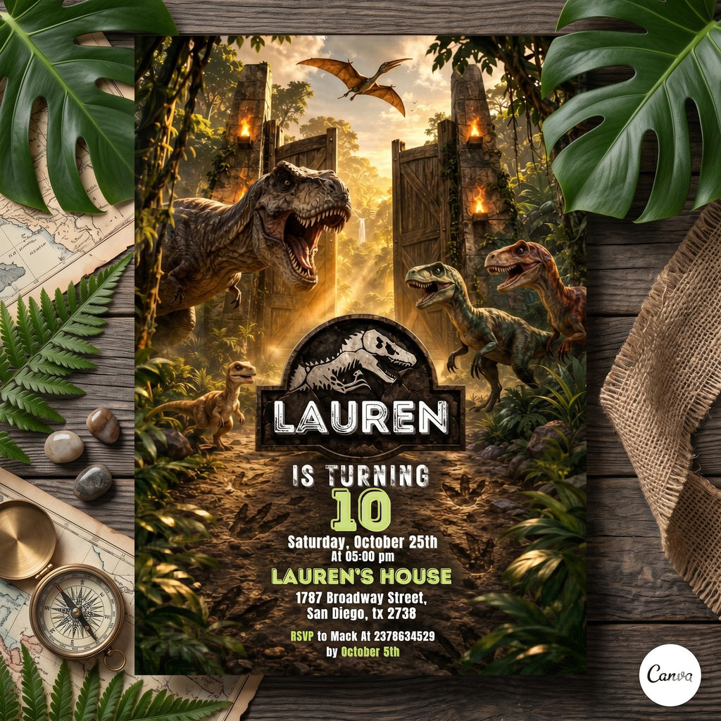 Dinosaur Birthday Invitation – Jurassic Jungle & T-Rex Theme Digital Invite, Editable Canva Template, Roarsome Kids Party, Instant Download.