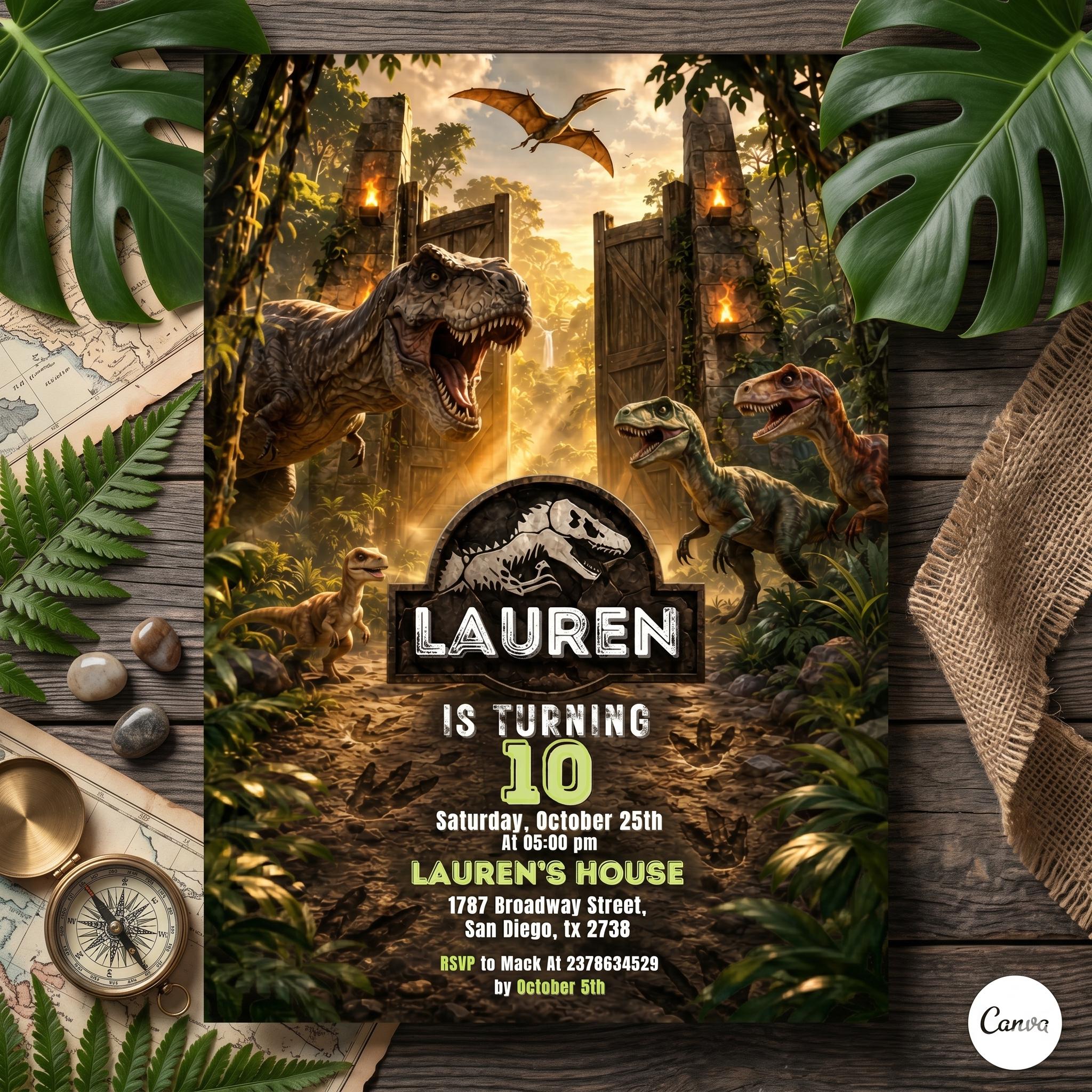 Dinosaur Birthday Invitation – Jurassic Jungle & T-Rex Theme Digital Invite, Editable Canva Template, Roarsome Kids Party, Instant Download.