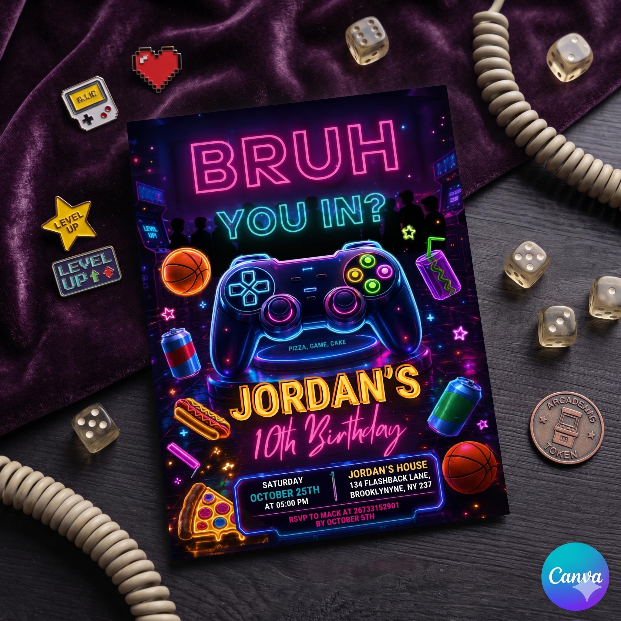 Editable Bruh Birthday Invitation, BRUH YOU IN? Neon Gamer Birthday Invitation, Bruh Neon Invitation, Teenager Invite, Canva Template