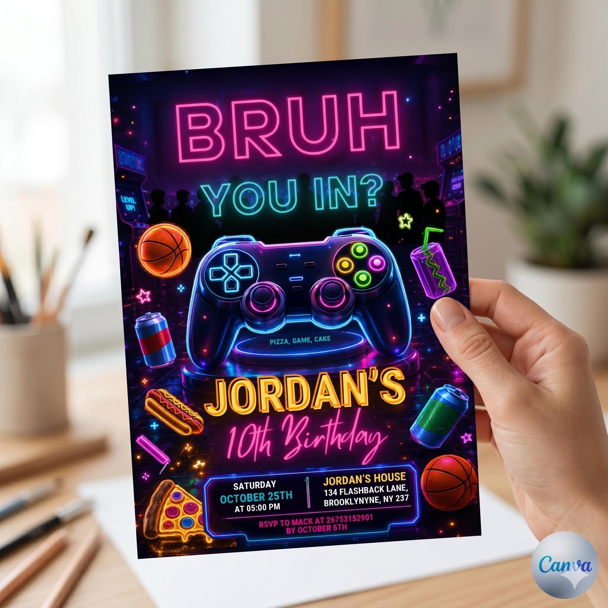 Editable Bruh Birthday Invitation, BRUH YOU IN? Neon Gamer Birthday Invitation, Bruh Neon Invitation, Teenager Invite, Canva Template