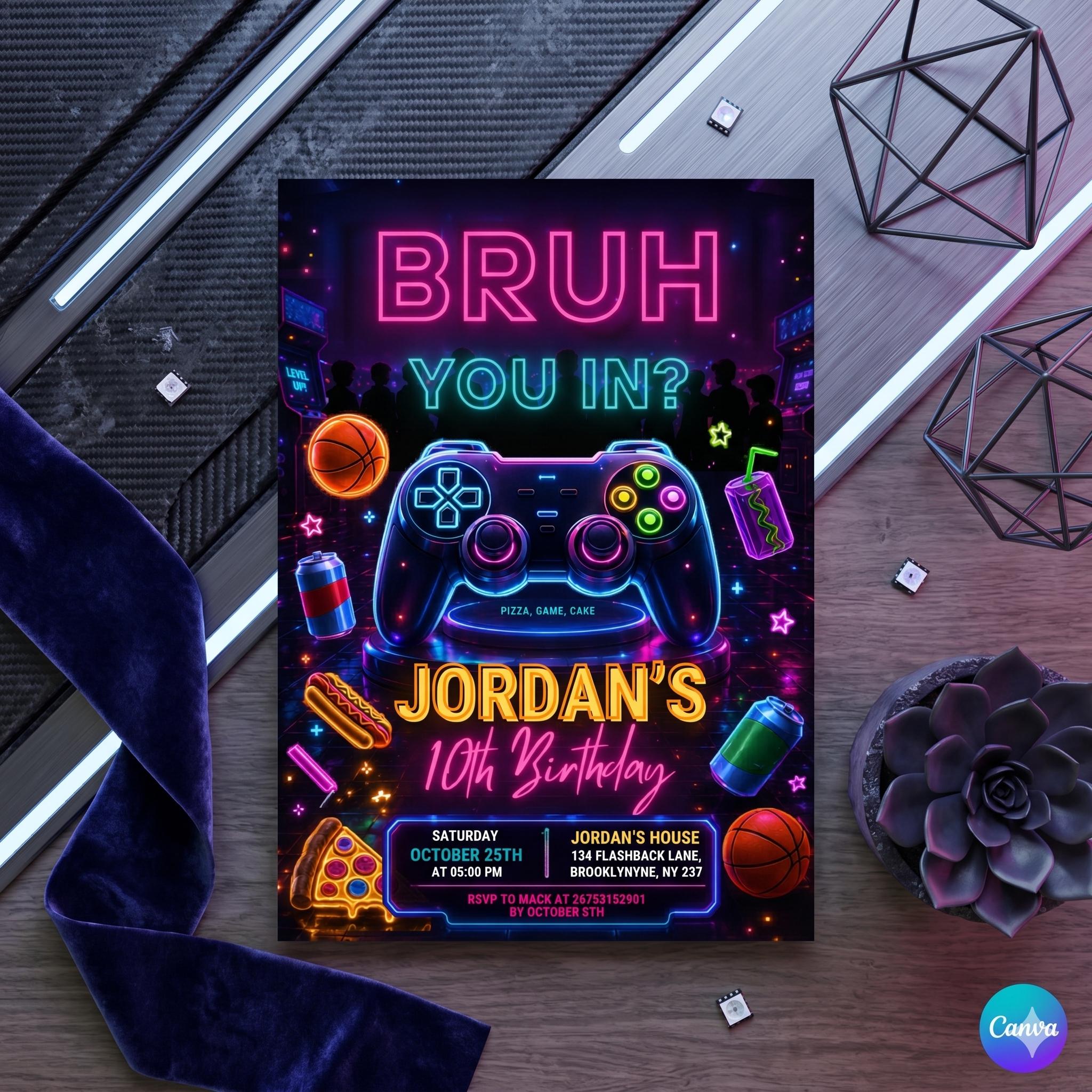 Editable Bruh Birthday Invitation, BRUH YOU IN? Neon Gamer Birthday Invitation, Bruh Neon Invitation, Teenager Invite, Canva Template