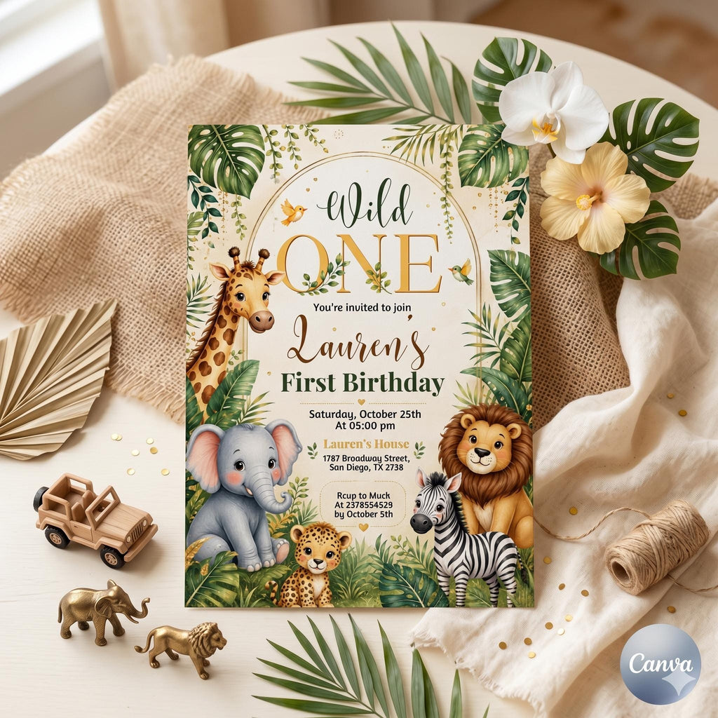 Safari First Birthday Evite, Wild One Birthday, 1st Birthday Digital Invite, Jungle First Birthday Evite, Jungle Animals Party