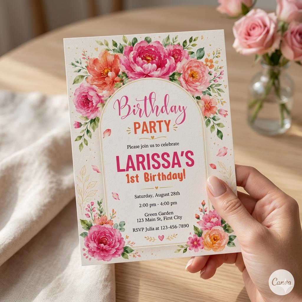 Pink adult birthday invitation , orange / hot pink , floral invite , girl , vibrant blush fuchsia , flower , magenta yellow summer