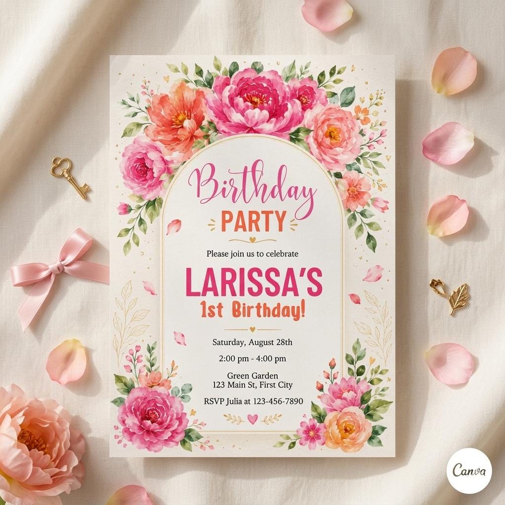 Pink adult birthday invitation , orange / hot pink , floral invite , girl , vibrant blush fuchsia , flower , magenta yellow summer