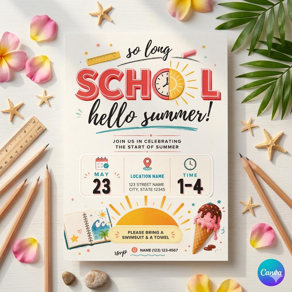 Goodbye School Hello Pool Invitation Template, Printable End Of School Pool Party Invite, Editable Summer Break Invite, Instant Download