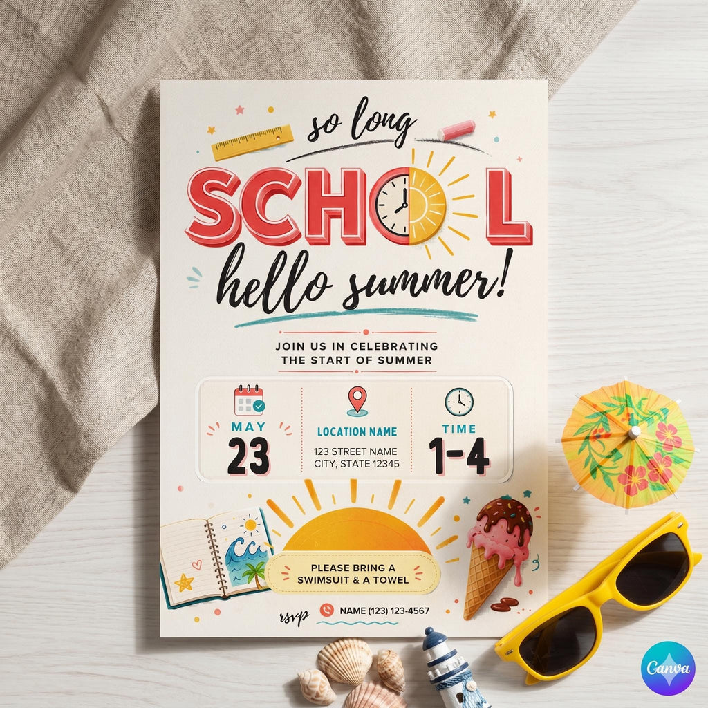Goodbye School Hello Pool Invitation Template, Printable End Of School Pool Party Invite, Editable Summer Break Invite, Instant Download