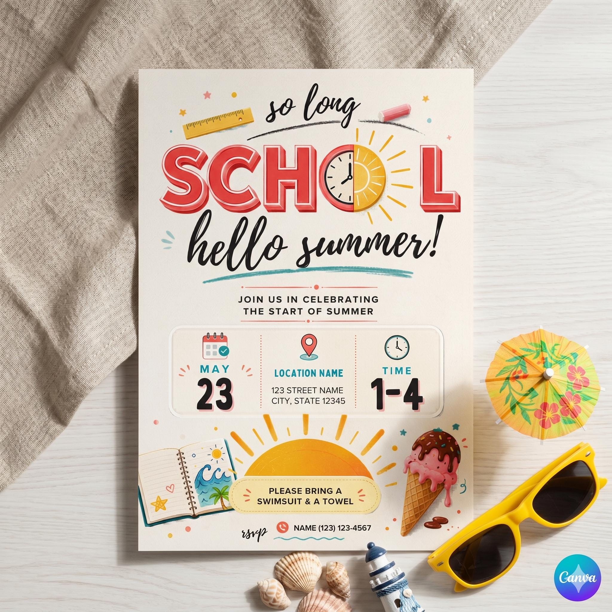 Goodbye School Hello Pool Invitation Template, Printable End Of School Pool Party Invite, Editable Summer Break Invite, Instant Download