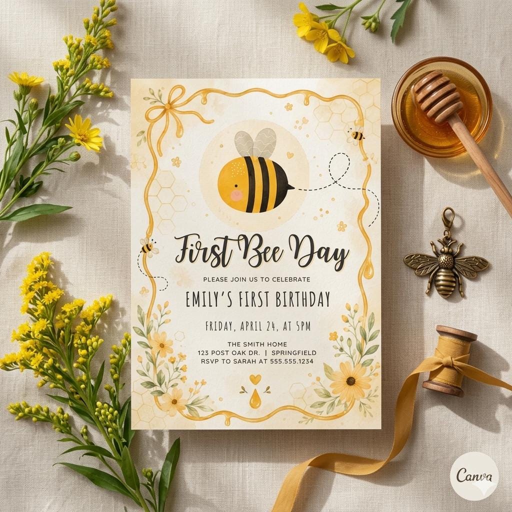 First Bee Day Invitation • Bumble Bee 1st Birthday Invite • Honey Bee Editable Template • Digital or Printed