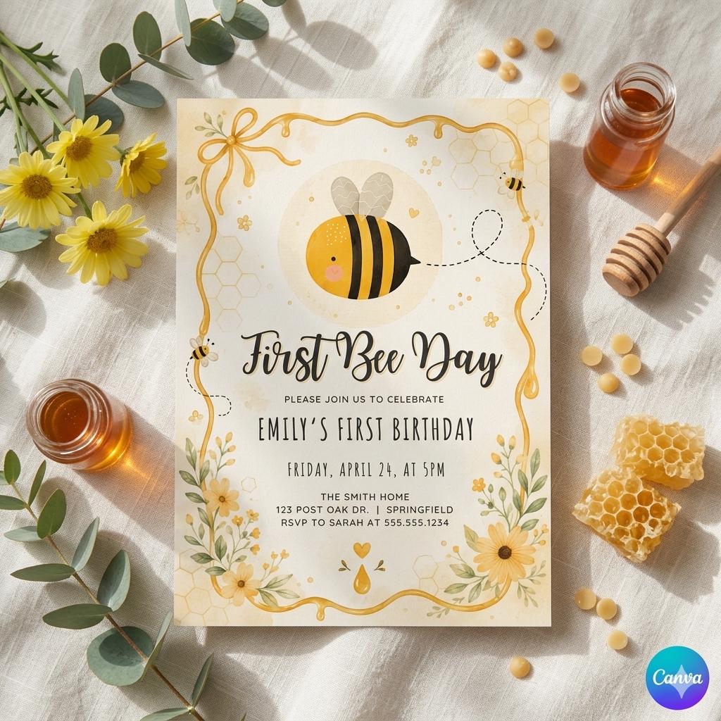First Bee Day Invitation • Bumble Bee 1st Birthday Invite • Honey Bee Editable Template • Digital or Printed