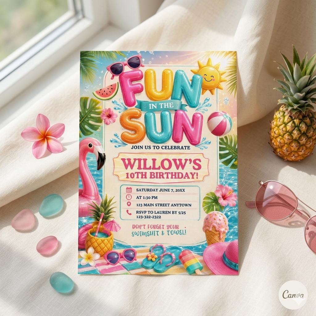 Fun in the Sun Birthday Invitation, Beach Theme Kids Party Invite, Editable Canva Template, Digital Summer Birthday Download