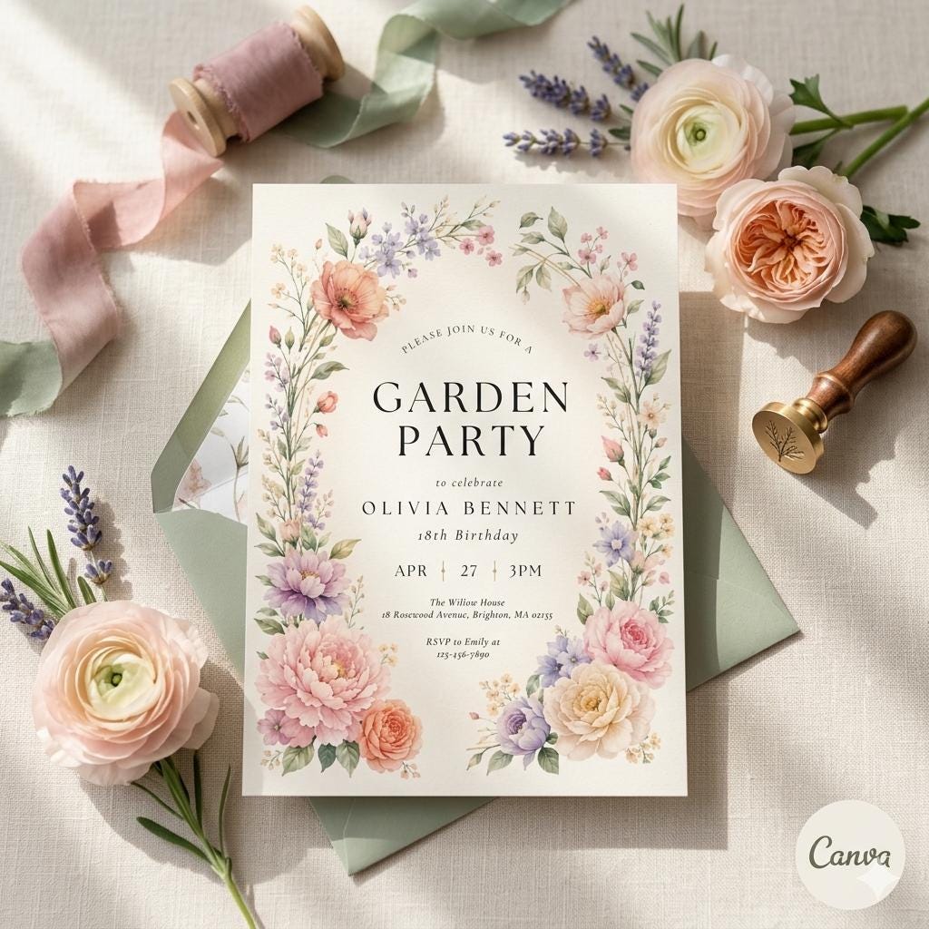 Vibrant Wildflower Birthday Garden Party Invitation Template, Watercolor Floral Meadow Party, Bright Colorful Invite, Canva Editable, 5x7