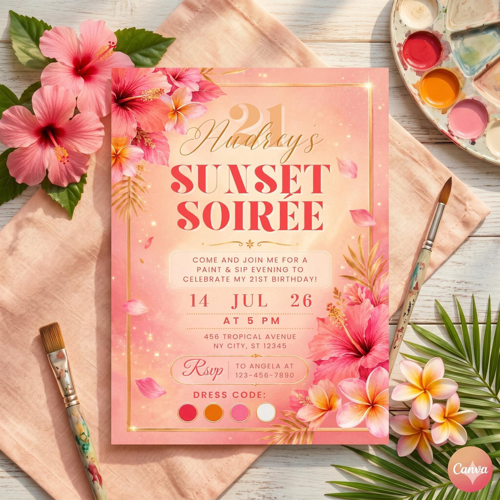 Sunset Soirée Invitation, Pink Orange Floral Summer Party Invite (Digital Download)