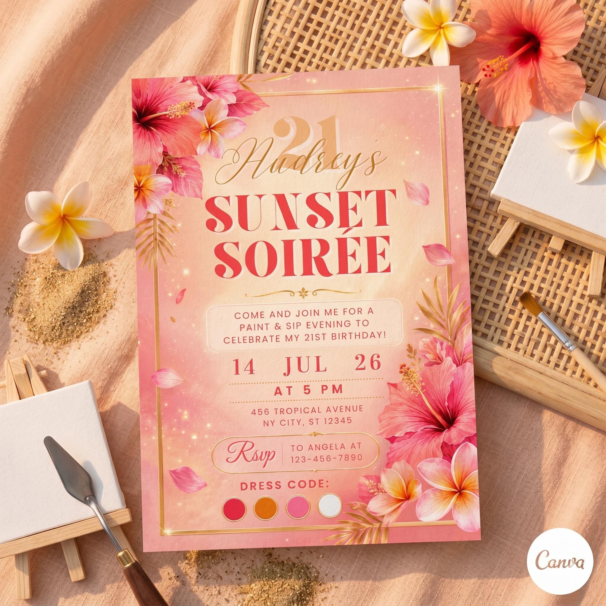 Sunset Soirée Invitation, Pink Orange Floral Summer Party Invite (Digital Download)