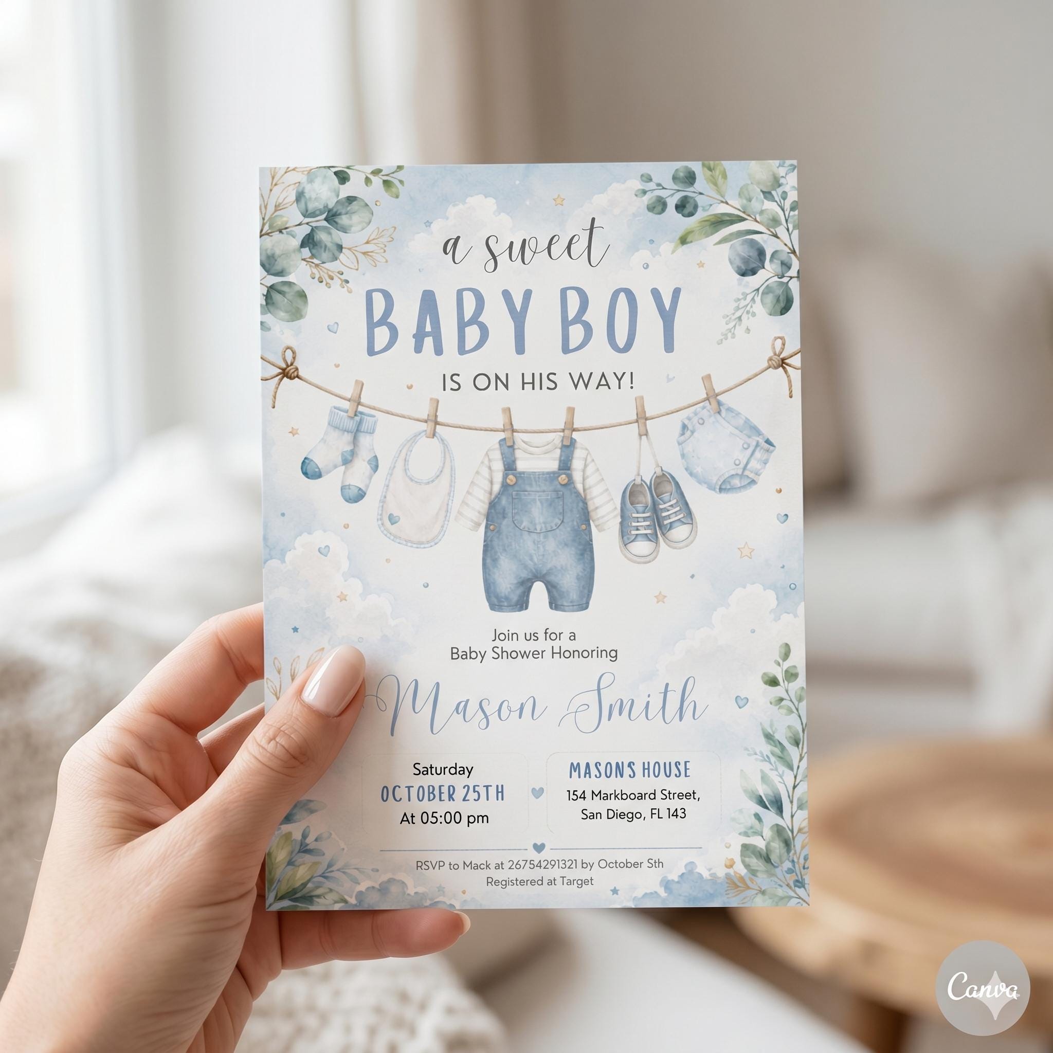 Editable Baby Shower Invitation, Boy Baby Clothes Baby Shower Invitation, A Sweet Baby Boy is on his way Laundry Blue Greenery