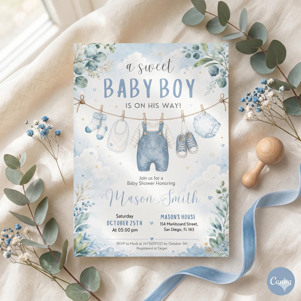 Editable Baby Shower Invitation, Boy Baby Clothes Baby Shower Invitation, A Sweet Baby Boy is on his way Laundry Blue Greenery