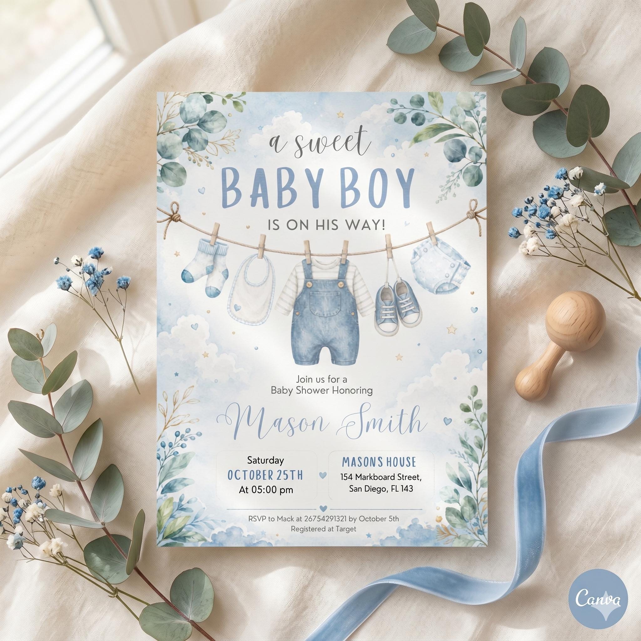 Editable Baby Shower Invitation, Boy Baby Clothes Baby Shower Invitation, A Sweet Baby Boy is on his way Laundry Blue Greenery