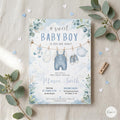 Editable Baby Shower Invitation, Boy Baby Clothes Baby Shower Invitation, A Sweet Baby Boy is on his way Laundry Blue Greenery
