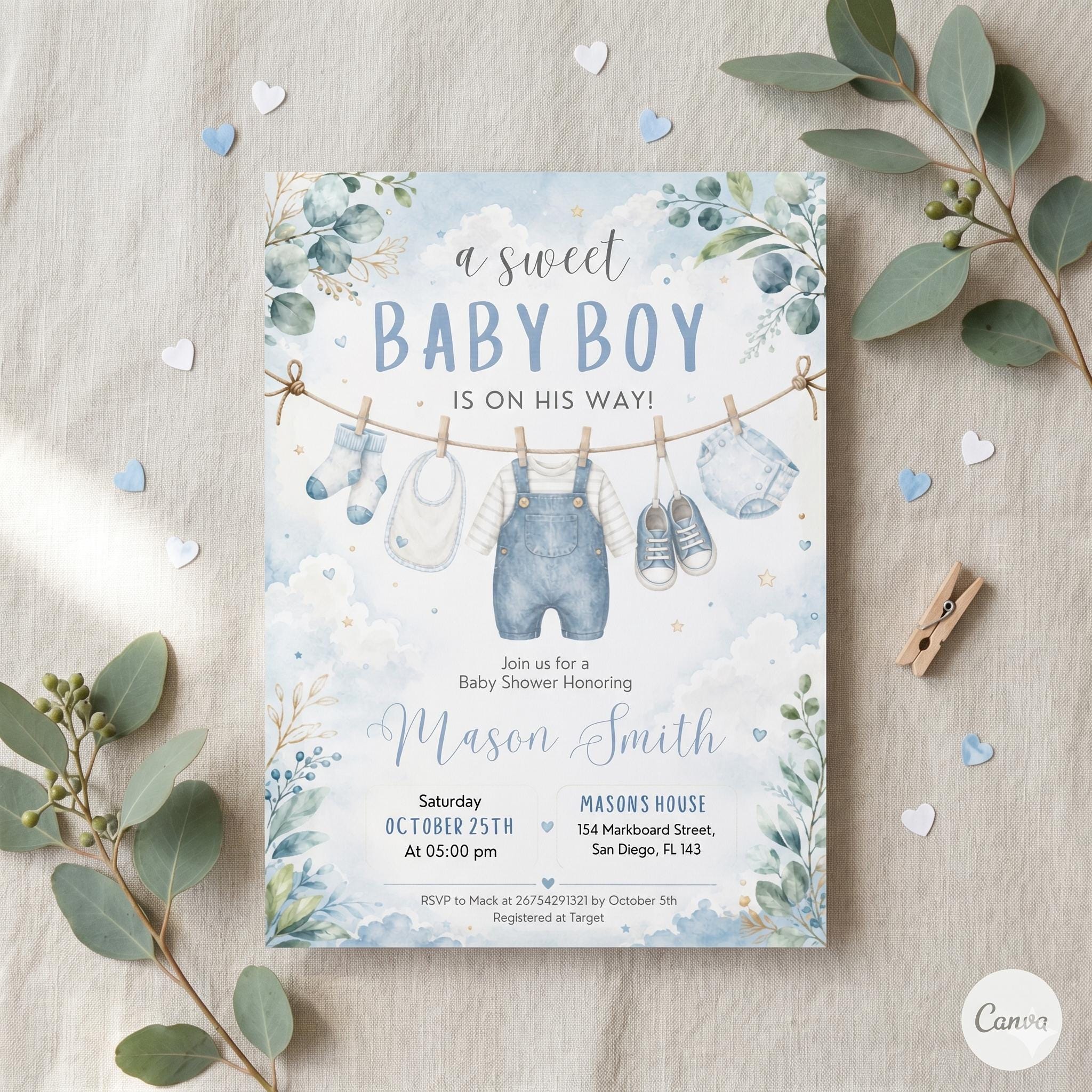 Editable Baby Shower Invitation, Boy Baby Clothes Baby Shower Invitation, A Sweet Baby Boy is on his way Laundry Blue Greenery
