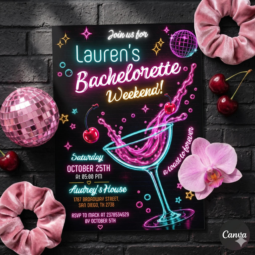 Colorful Bachelorette Weekend Events Itinerary Template, Drawn Bachelorette Invite, Bachelorette Weekend Invitation, Instant Download