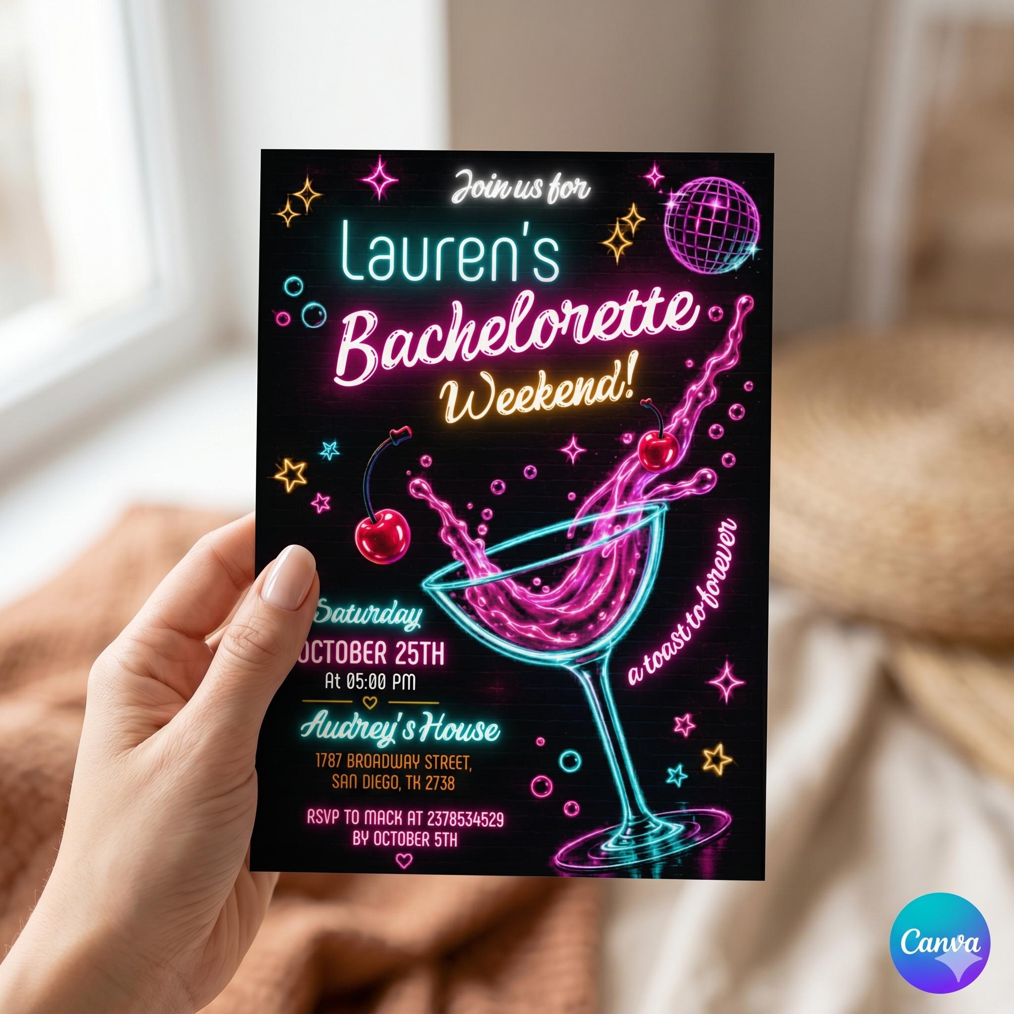 Colorful Bachelorette Weekend Events Itinerary Template, Drawn Bachelorette Invite, Bachelorette Weekend Invitation, Instant Download
