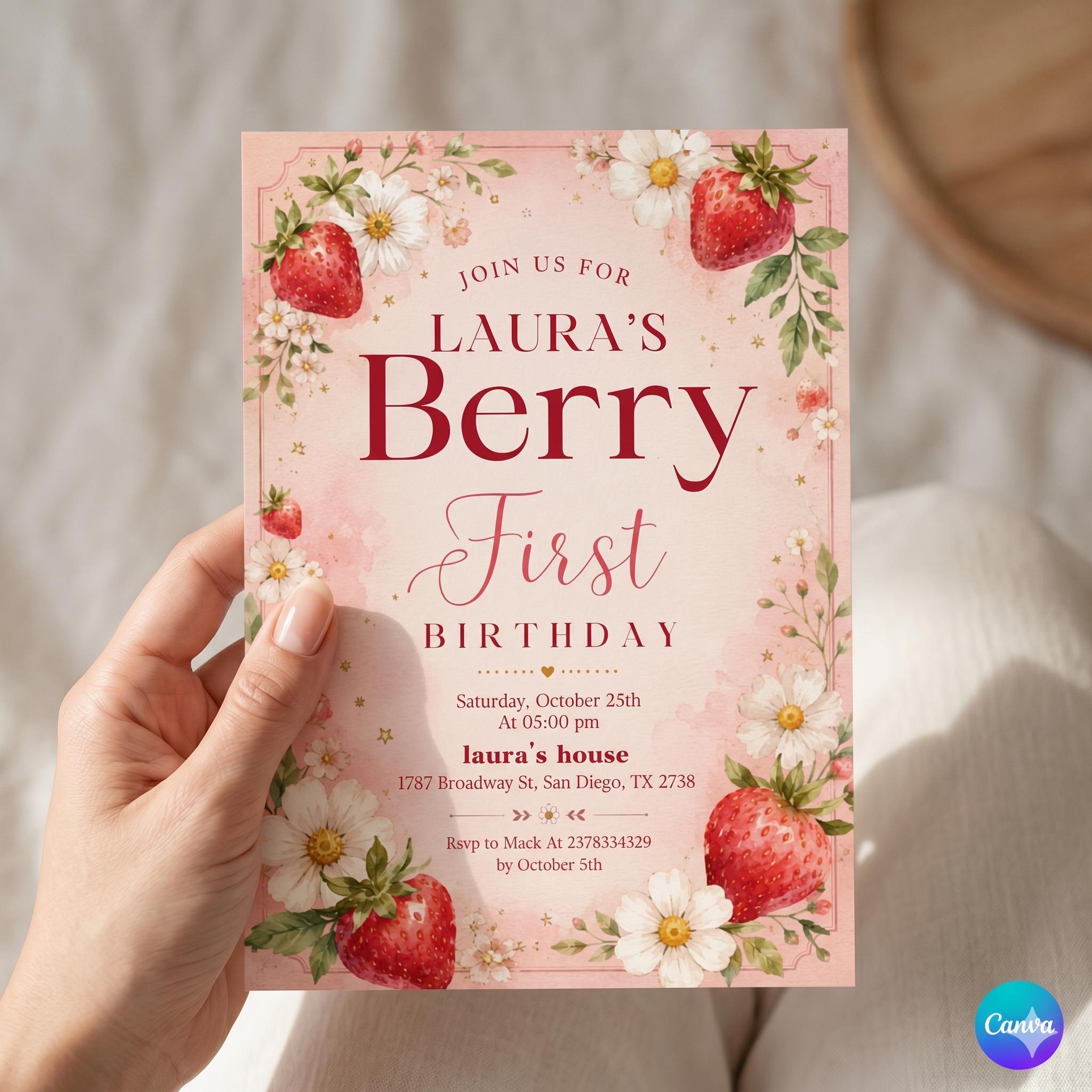 Berry First Birthday Invitation, Editable 1st Birthday Girl Invite, Strawberry First Birthday Girl Invitation, Instant Download