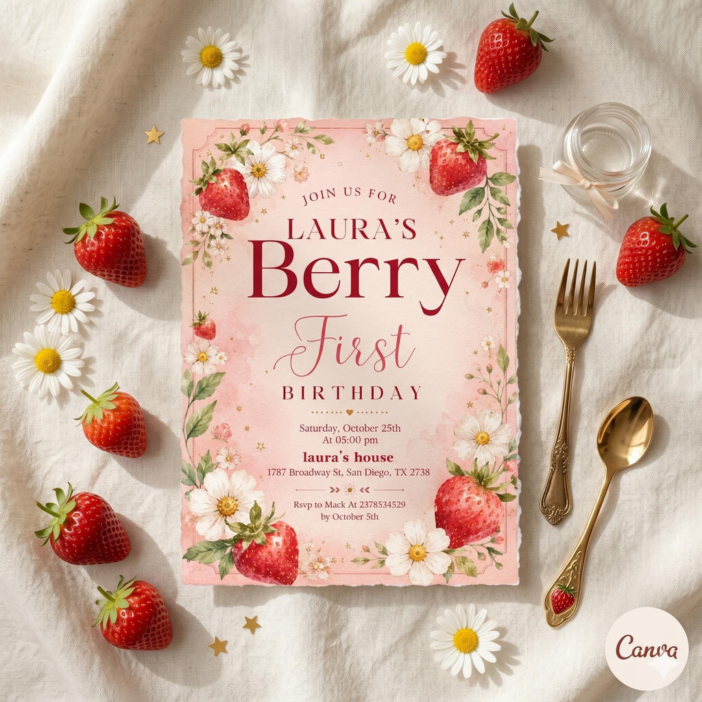 Berry First Birthday Invitation, Editable 1st Birthday Girl Invite, Strawberry First Birthday Girl Invitation, Instant Download