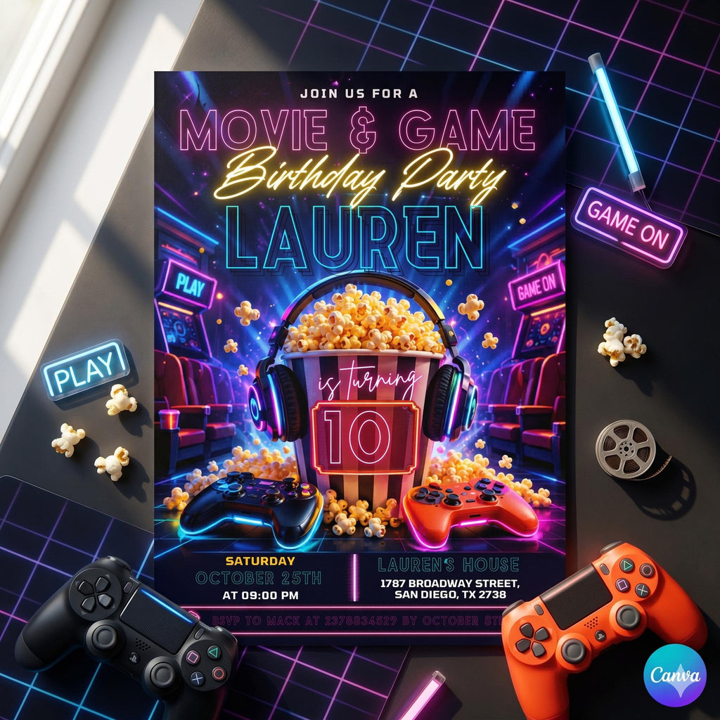 Movie and Gaming Birthday Invitation, Gaming Theater Party Invite, Video Game Invites, Neon Bday Card, Editable Canva Template
