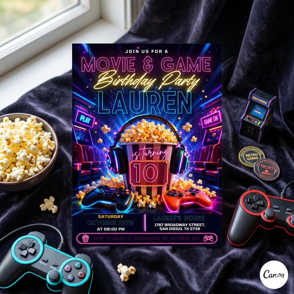 Movie and Gaming Birthday Invitation, Gaming Theater Party Invite, Video Game Invites, Neon Bday Card, Editable Canva Template