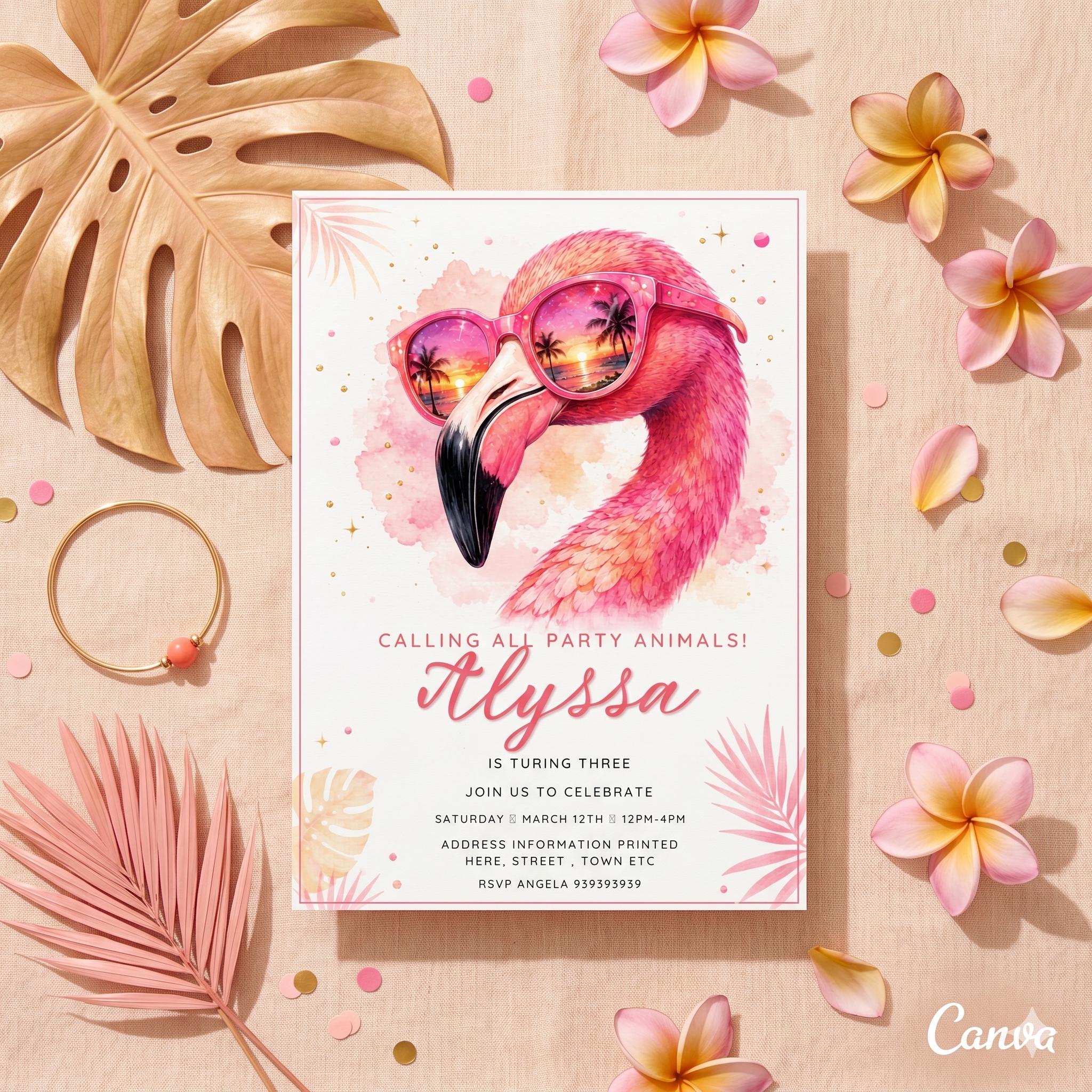 Disco Flamingo Birthday Invitation, Watercolor Flamingo Birthday , Editable Party Invite (Digital Download)
