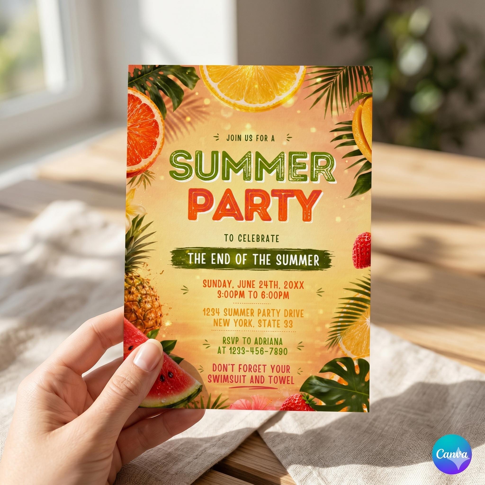 Summer Party Invitation ,Goodbye School Hello Summer ,Editable Kids ,Template Canva Template