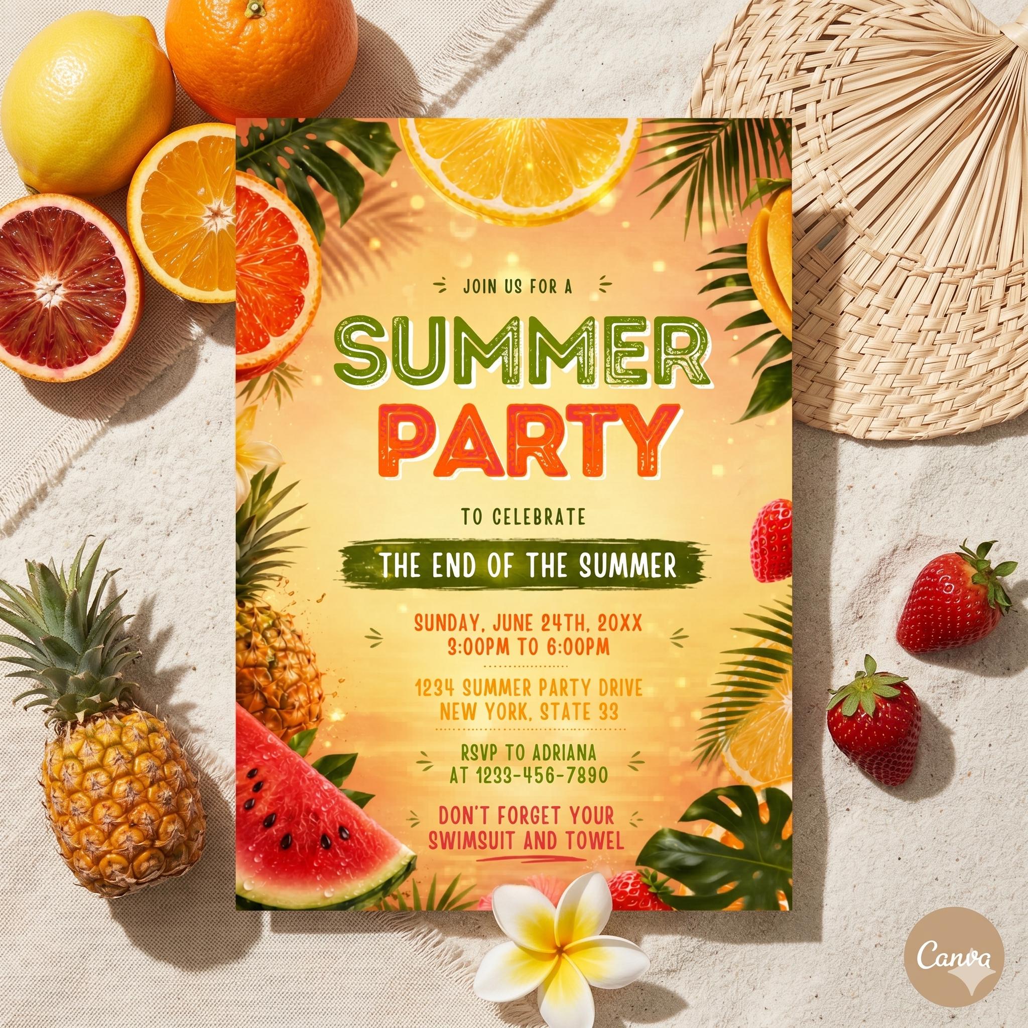 Summer Party Invitation ,Goodbye School Hello Summer ,Editable Kids ,Template Canva Template