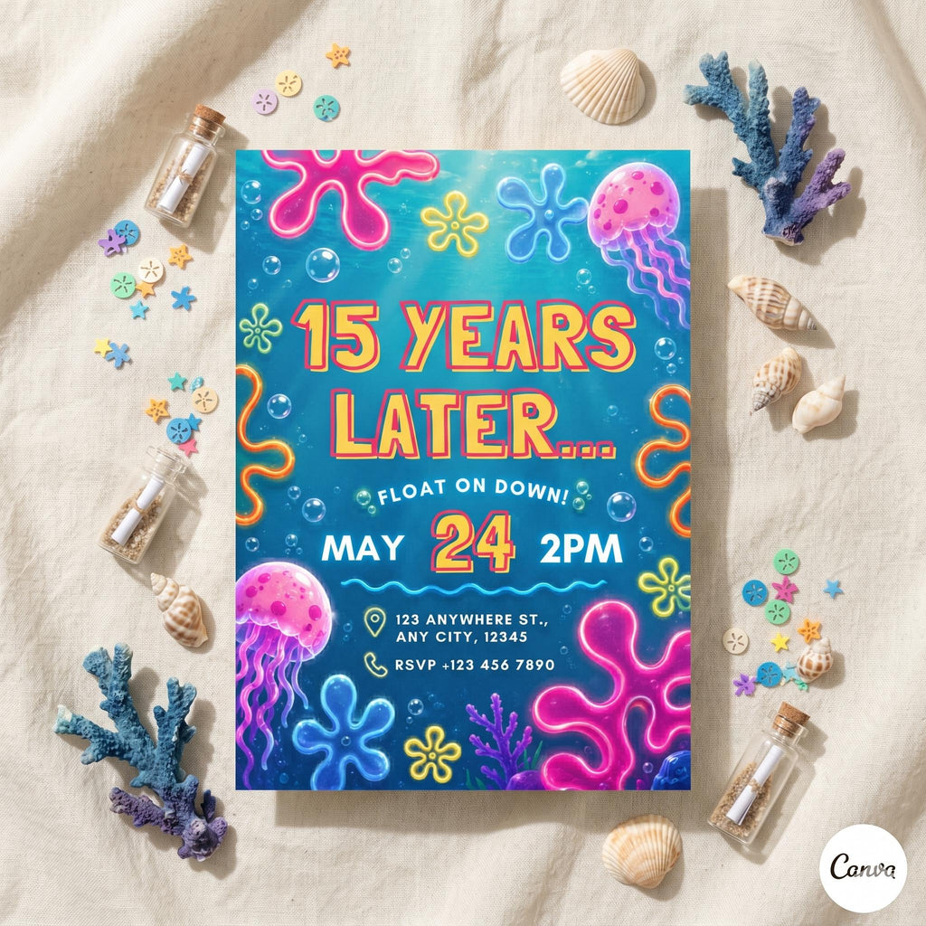Editable Sponge Under The Sea Birthday Invitation, Years Later Sponge, Birthday Invitation Template, Sponge Birthday , A14