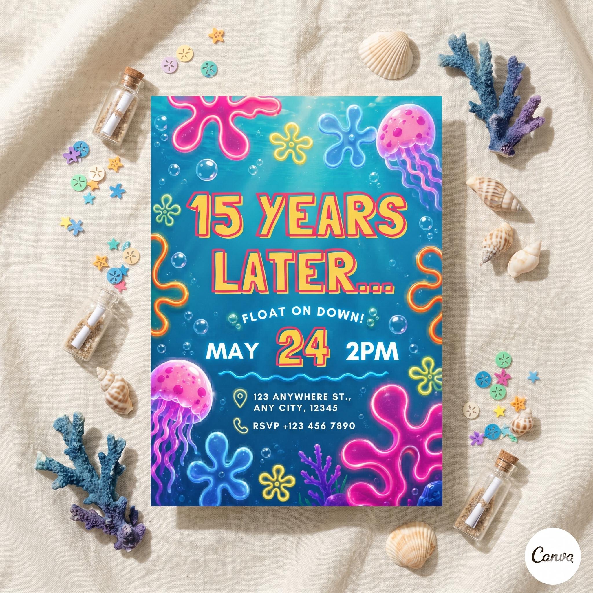 Editable Sponge Under The Sea Birthday Invitation, Years Later Sponge, Birthday Invitation Template, Sponge Birthday , A14