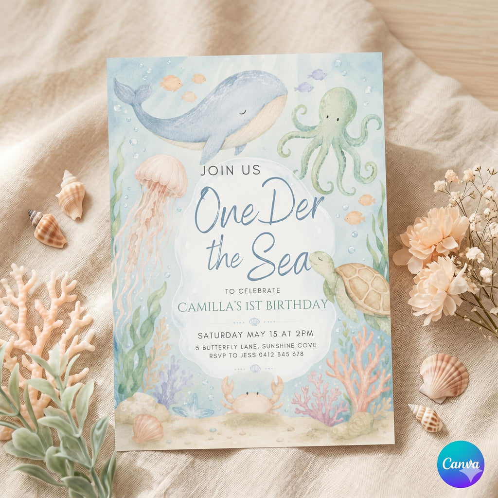 Oneder the Sea Birthday Invitation, Under the Sea Editable Template, 1st Birthday Invite, Ocean Animals Invitation, Kids Birthday Invite