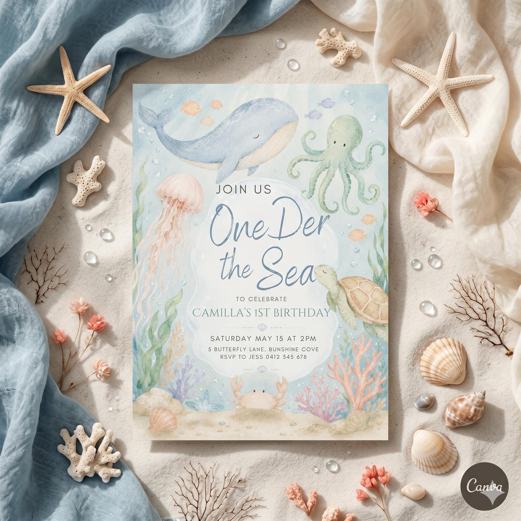 Oneder the Sea Birthday Invitation, Under the Sea Editable Template, 1st Birthday Invite, Ocean Animals Invitation, Kids Birthday Invite