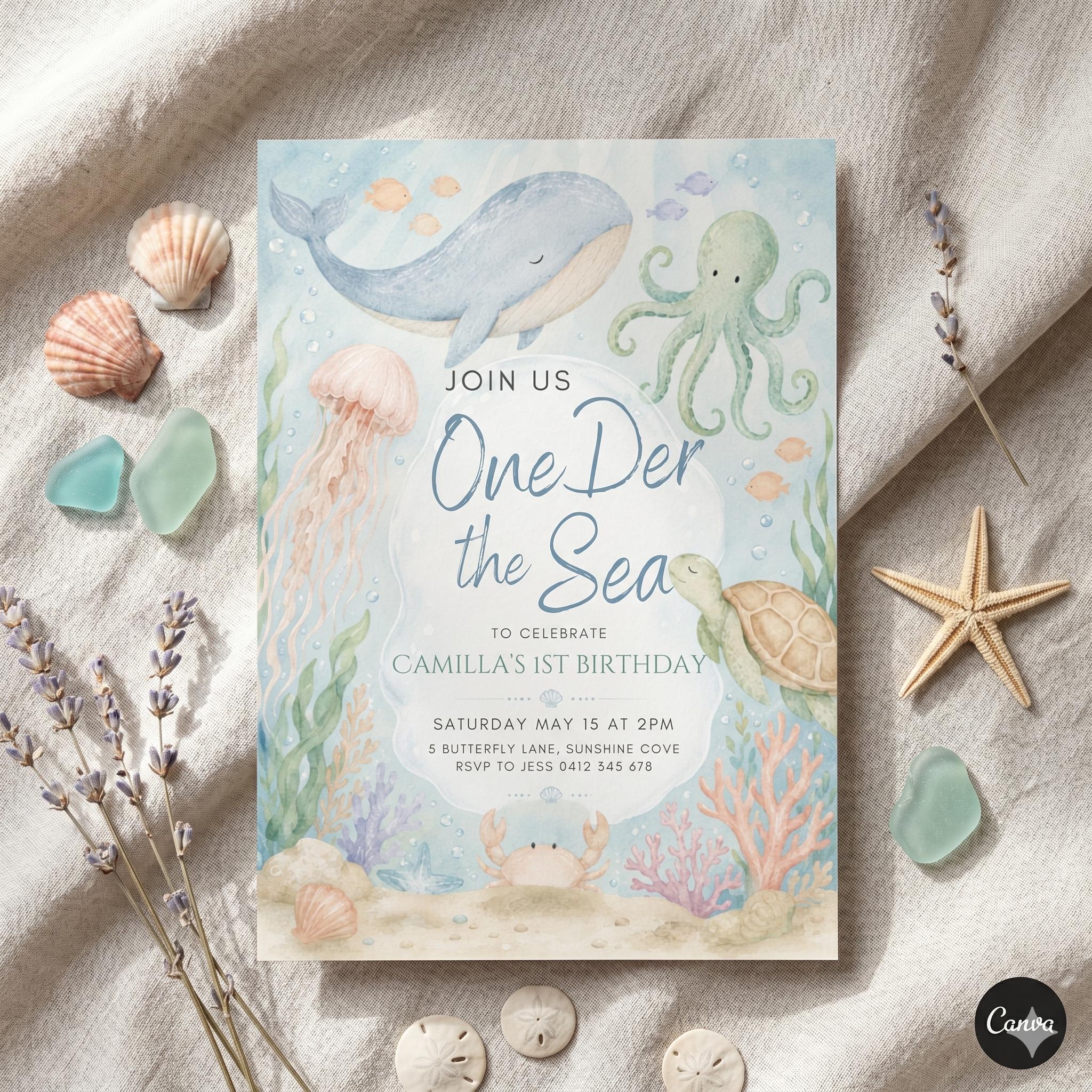 Oneder the Sea Birthday Invitation, Under the Sea Editable Template, 1st Birthday Invite, Ocean Animals Invitation, Kids Birthday Invite