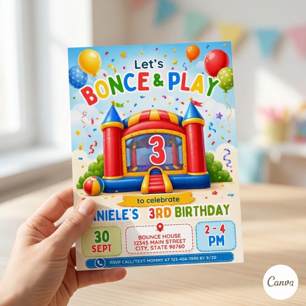 Editable Bounce House Birthday Invitation, Kids Jump Bounce House Party Invitation, Printable Bouncing Castle Invitation Canva Template