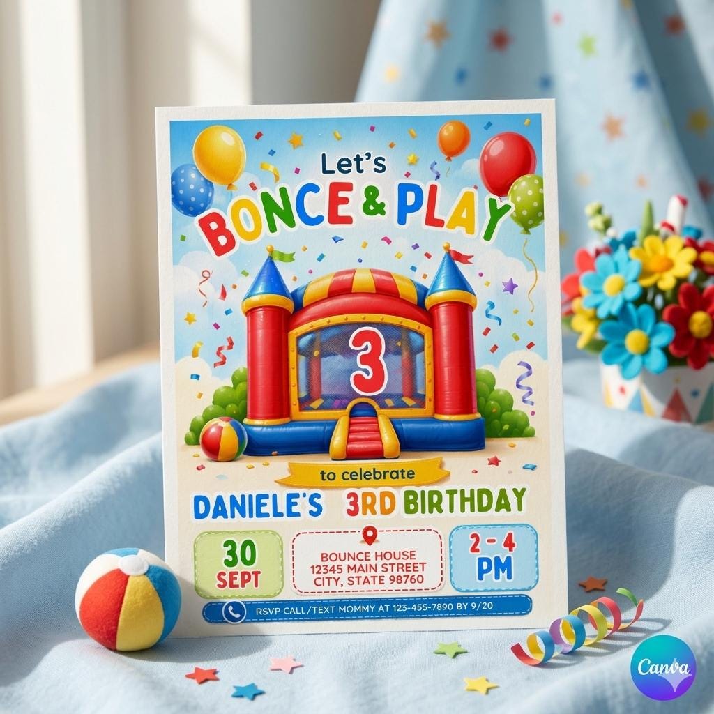 Editable Bounce House Birthday Invitation, Kids Jump Bounce House Party Invitation, Printable Bouncing Castle Invitation Canva Template