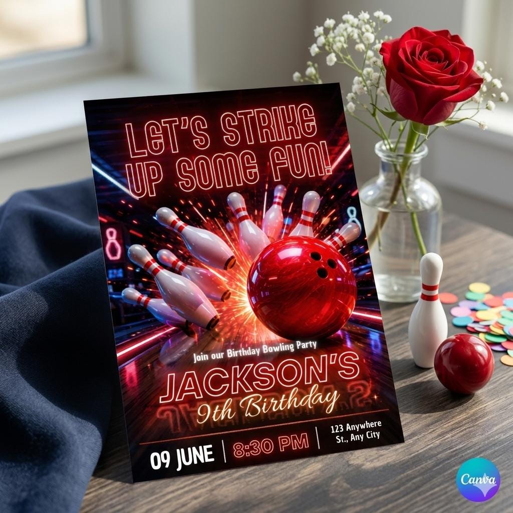 Editable Bowling Invitation, Let's Strike Up Some Fun, Birthday Bowling (Digital Canva Template)