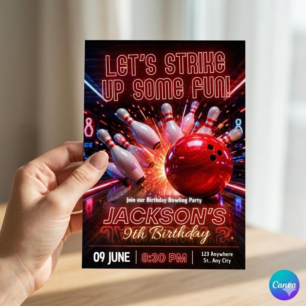 Editable Bowling Invitation, Let's Strike Up Some Fun, Birthday Bowling (Digital Canva Template)